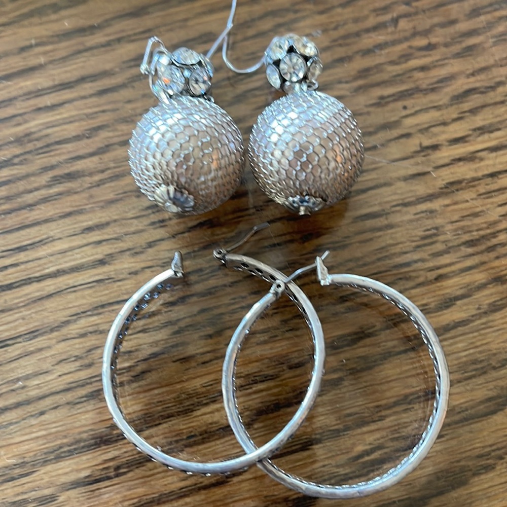 Set of 2 Silver Earrings Drop and Hoop Styles EUC